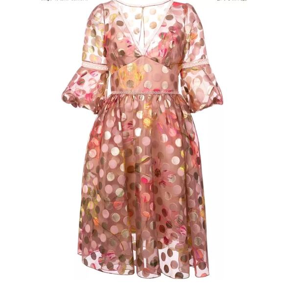 Marchesa Notte V-Neck Bubble Sleeve Polka Dot Cocktail Dress Blush Size 4 - Picture 3 of 16